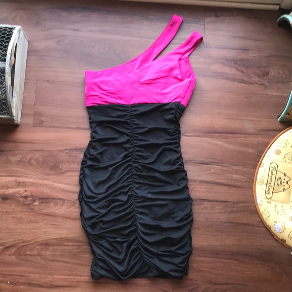 Speechless Hot Pink and Black Ruched One-Shoulder Bodycon Dress, Size Small - Picture 2 of 9